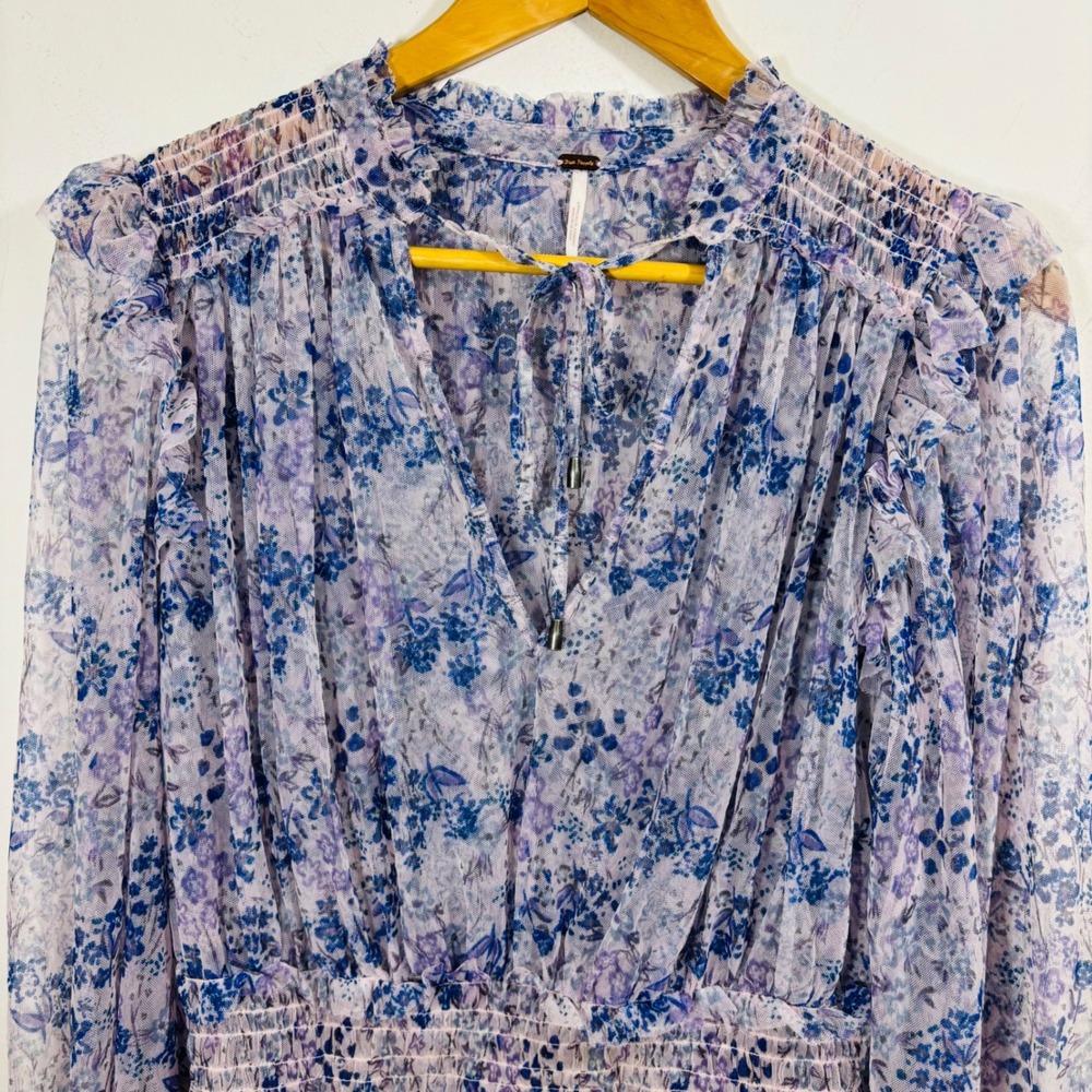 Free People Twyla Floral Sheer Smocked Puff Sleeve Blouse Lilac Boho Medium - Picture 3 of 7